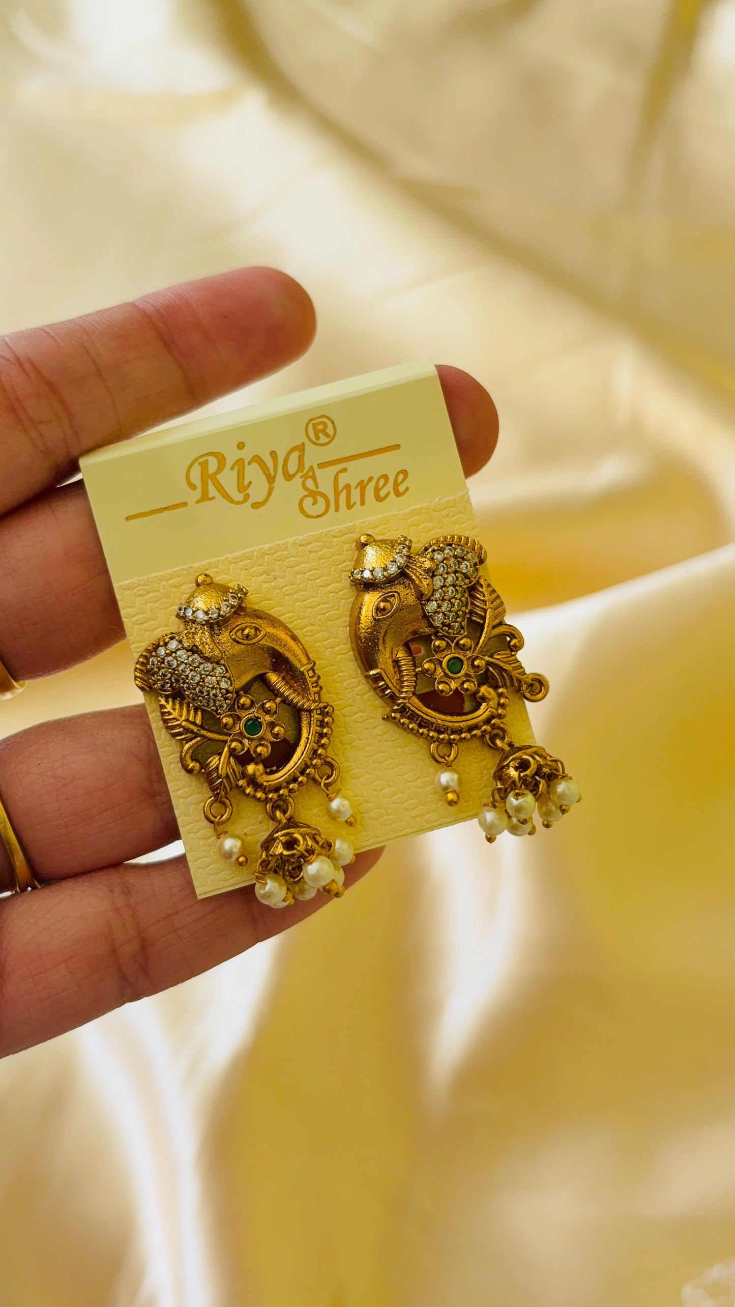Antique gold finish Elephant pearl drop Stud