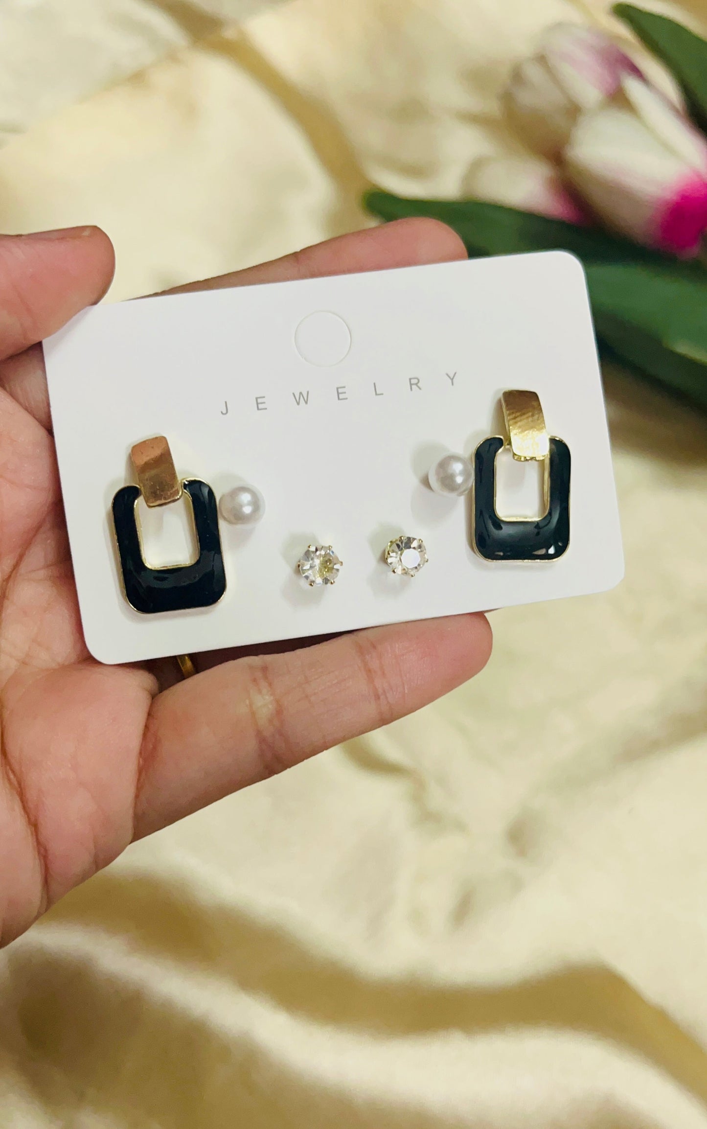 Black Drop Earring with Second Stud(3-piece Set)