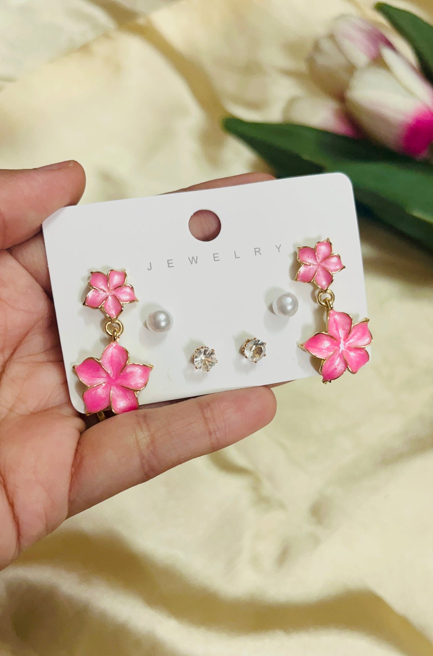 Floral Drop Earring with Second Stud(3-piece set)