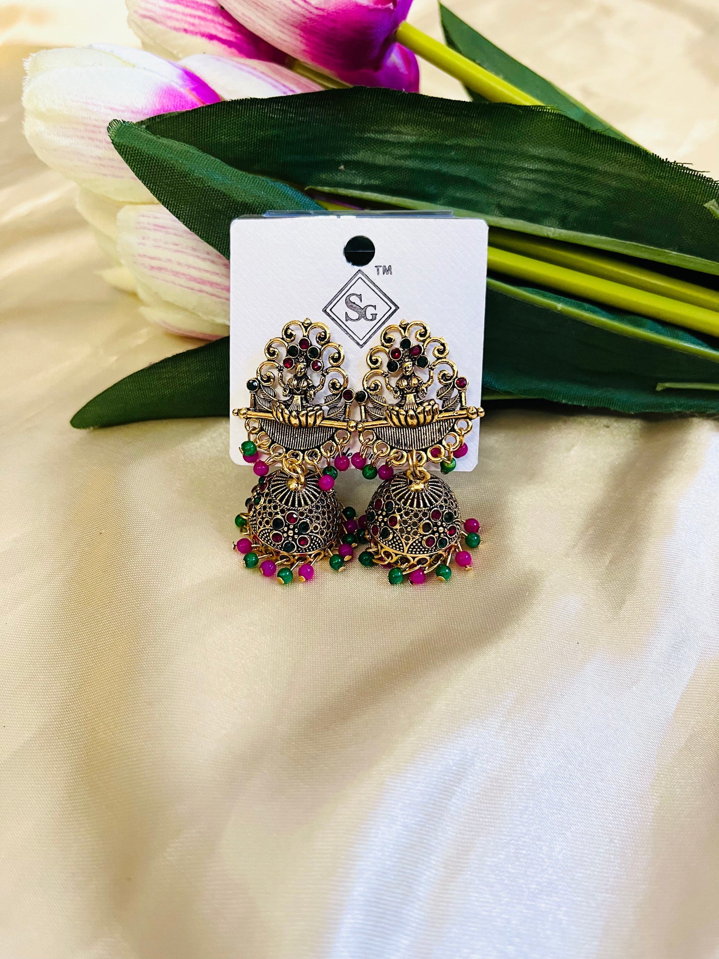 Lakshmi Jhumka with Green and pink beads