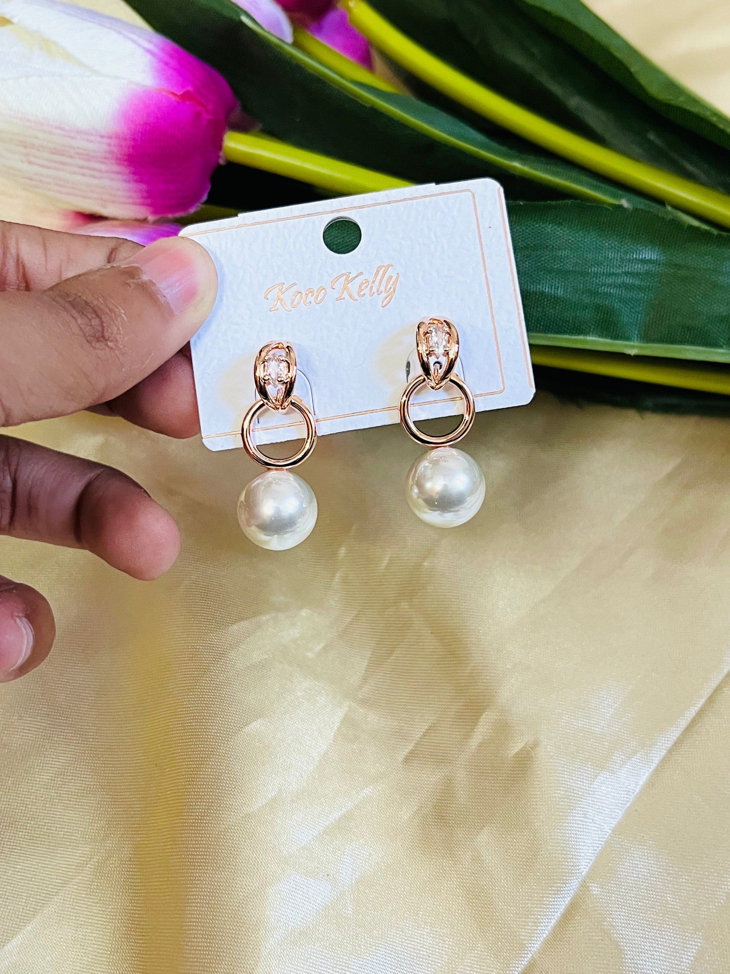 Anti tarnish Rose Gold Pearl Dangles