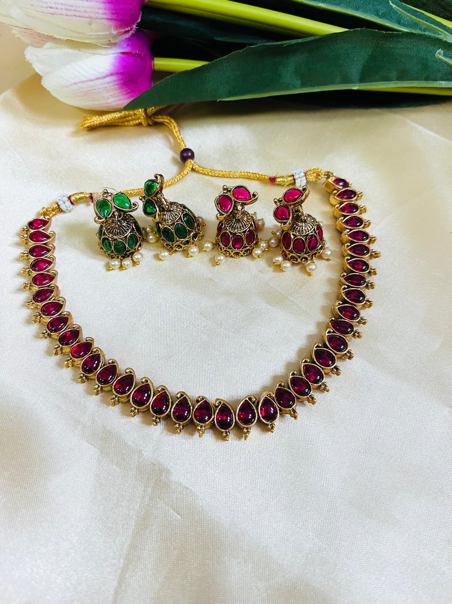 Manga necklace set with 2 Jhumkas