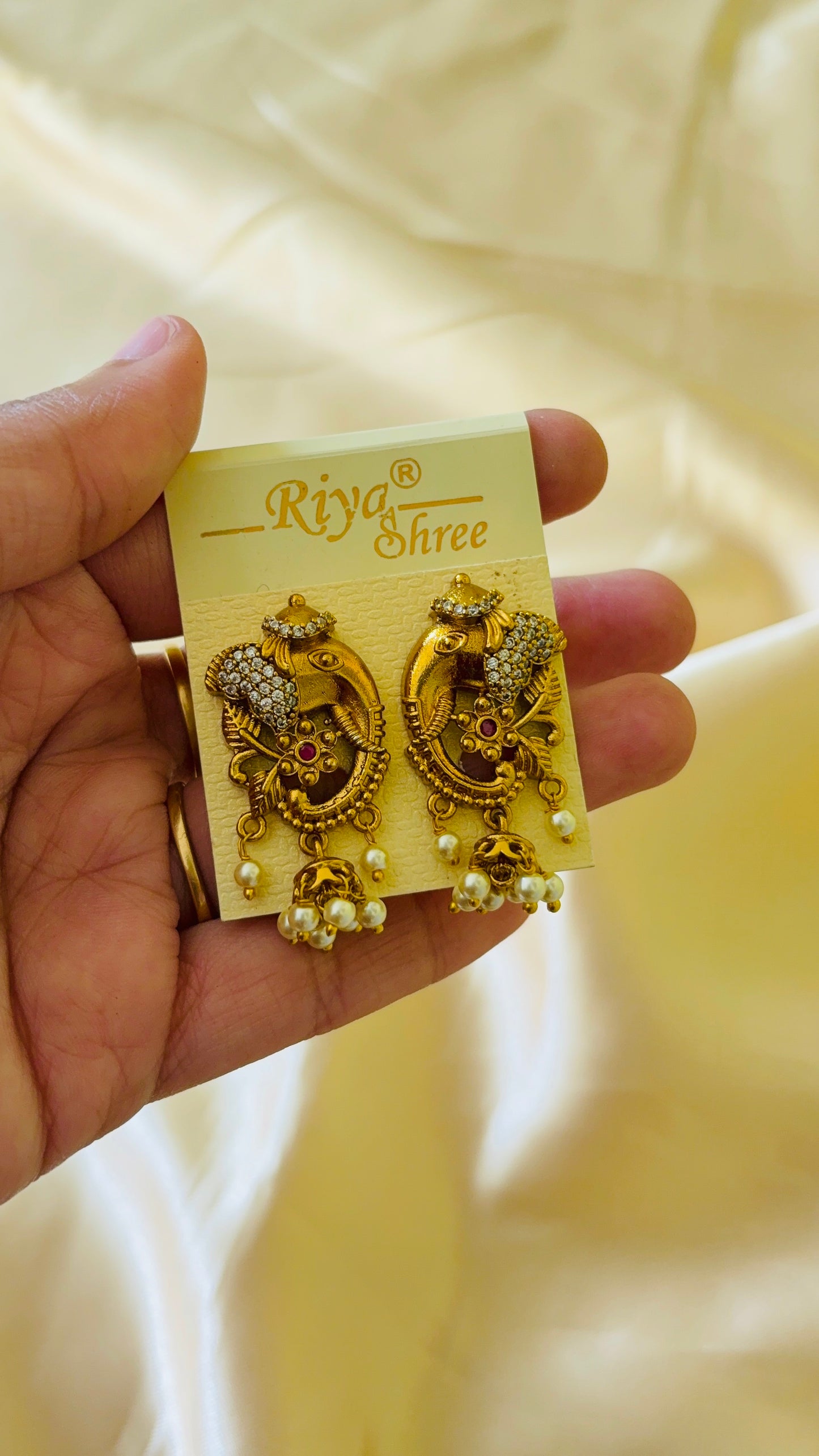 Antique gold finish Elephant pearl drop Stud