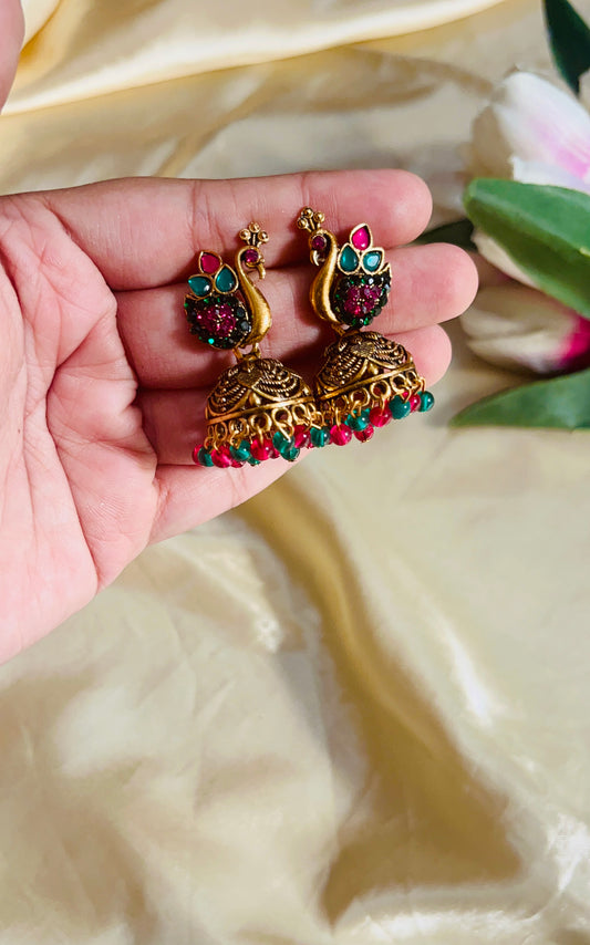 Green and Pink stone worked Peacock Jhumka