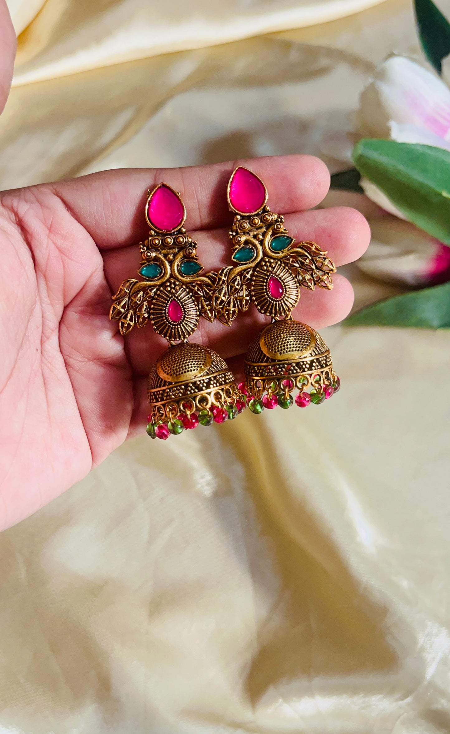 Green and Pink stone worked Festive wear jhumka