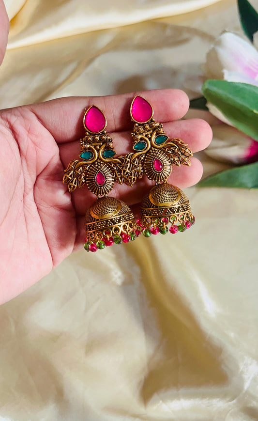 Green and Pink stone worked Festive wear jhumka