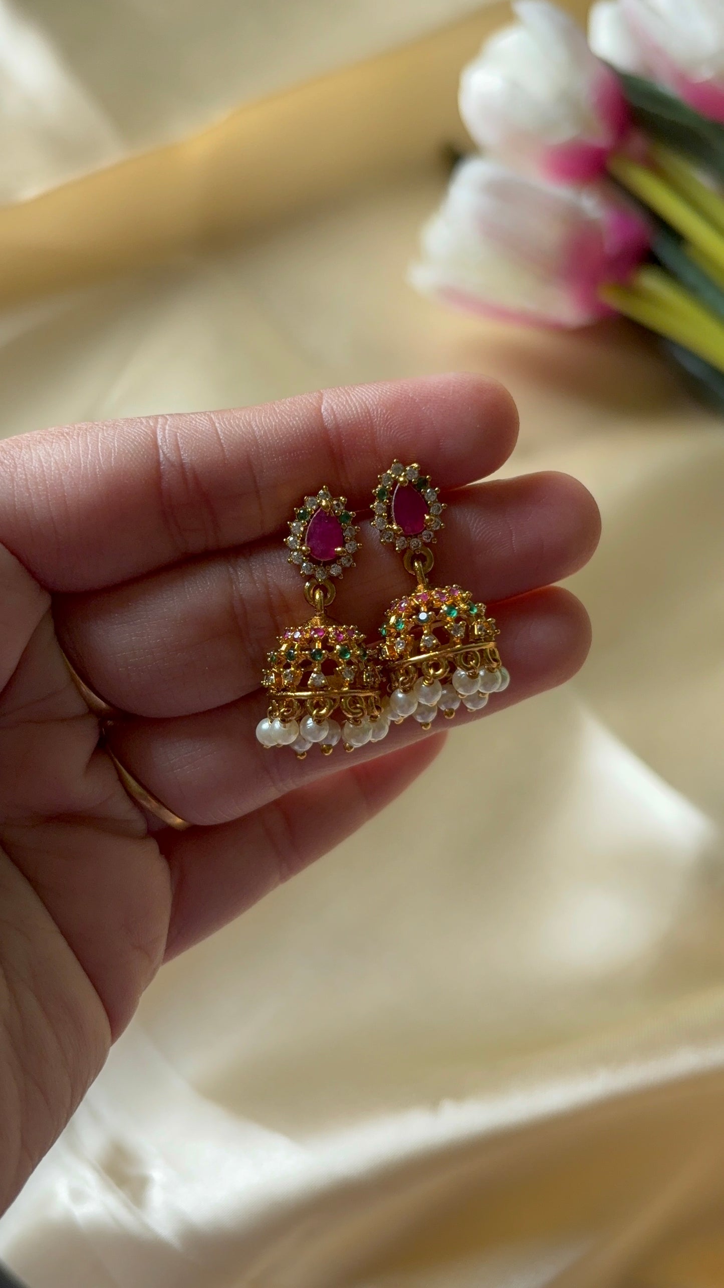 Antique Gold Finish Ruby Jhumka