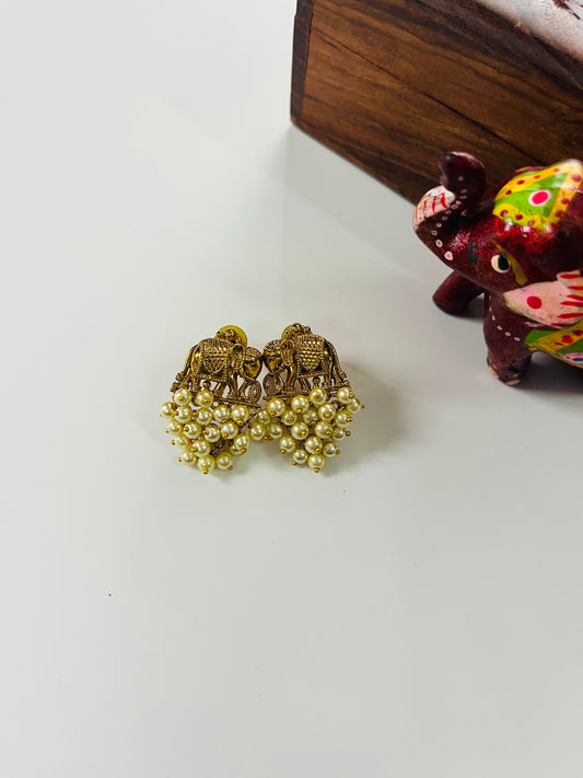 Antique Gold Finish Elephant with Cluster pearl Earring