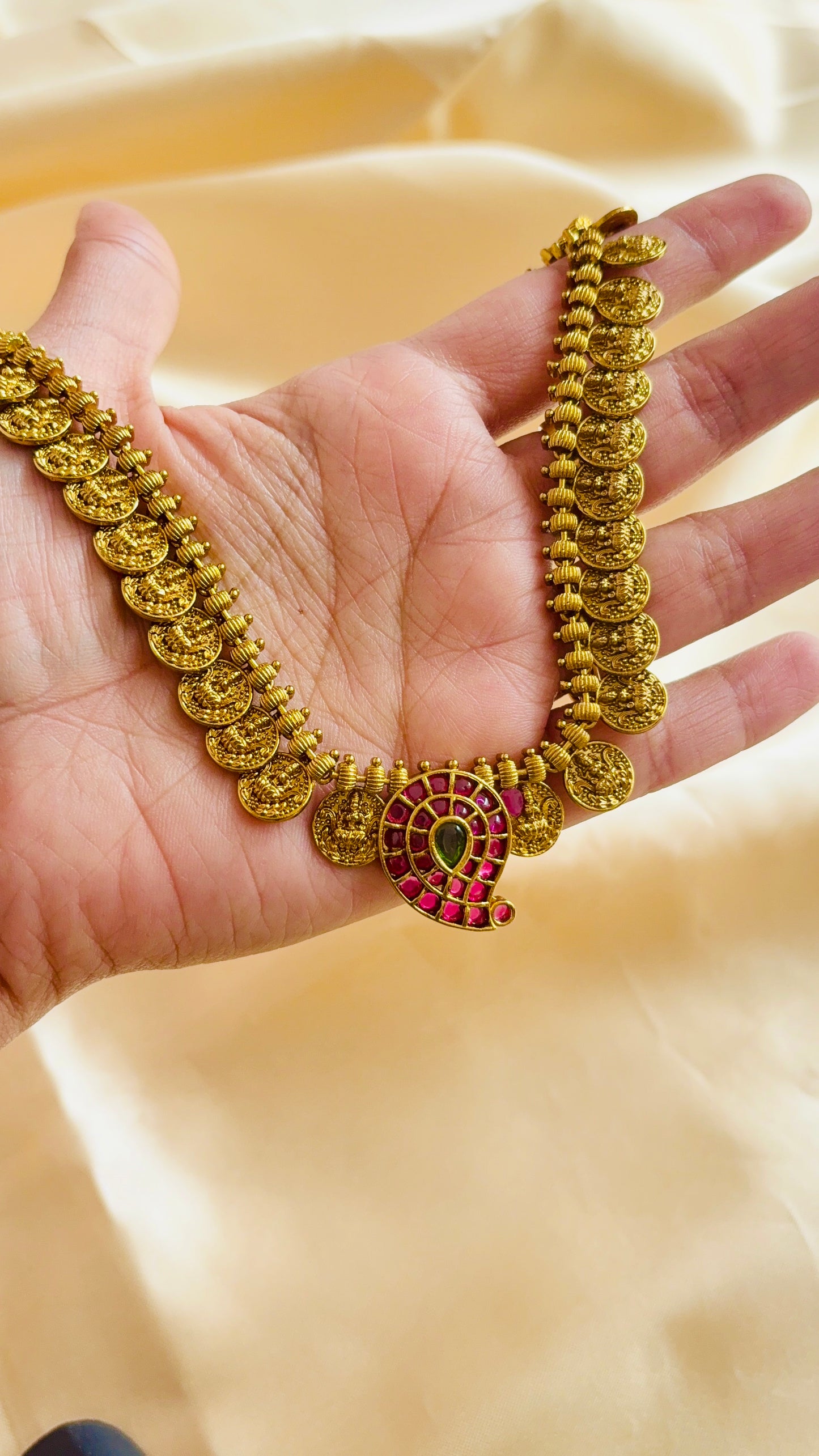 Kempu pendant Lakshmi coin necklace
