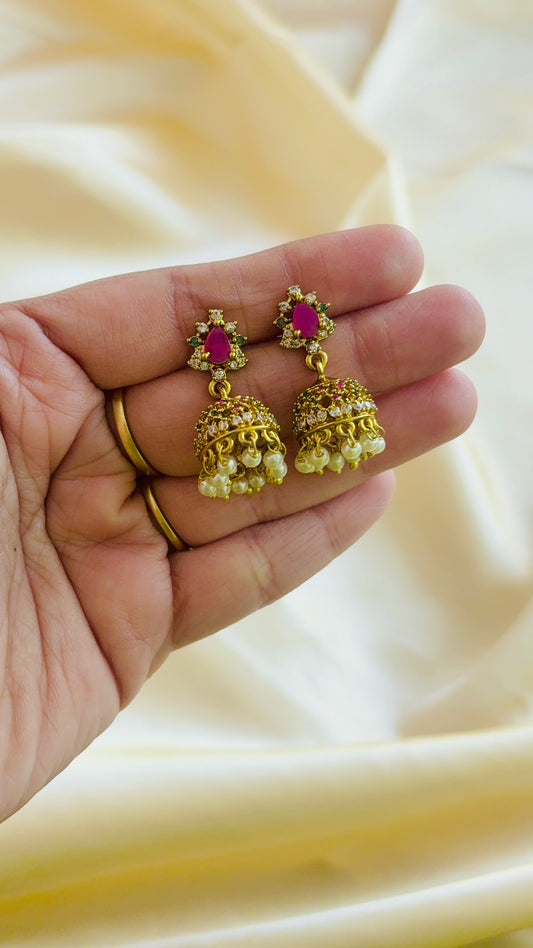 Antique Gold Finish Ruby Jhumka-2