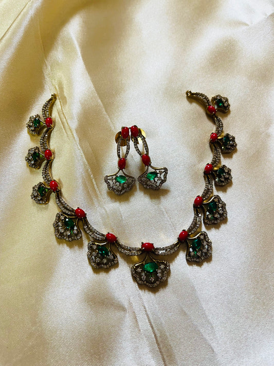 Coral with Emerald necklace set