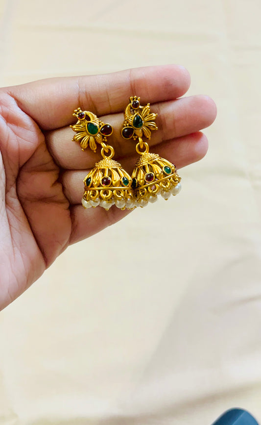 Matt finish Peacock Jhumka with multicolour stone