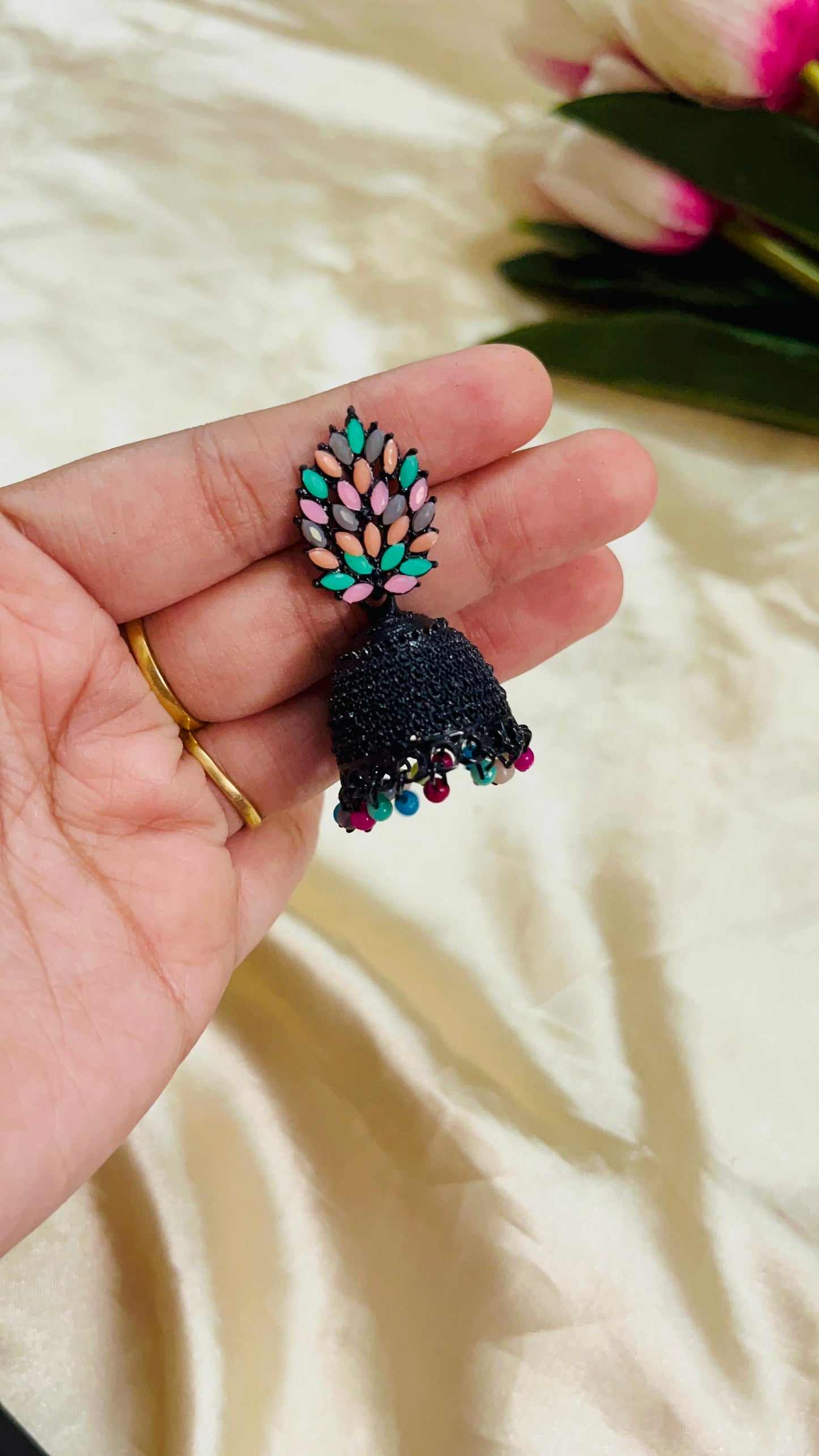 Black with Multicolor stone Jhumka