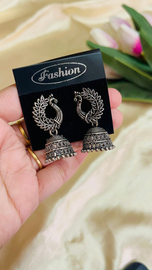 Silver Oxidised Peacock Jhumka