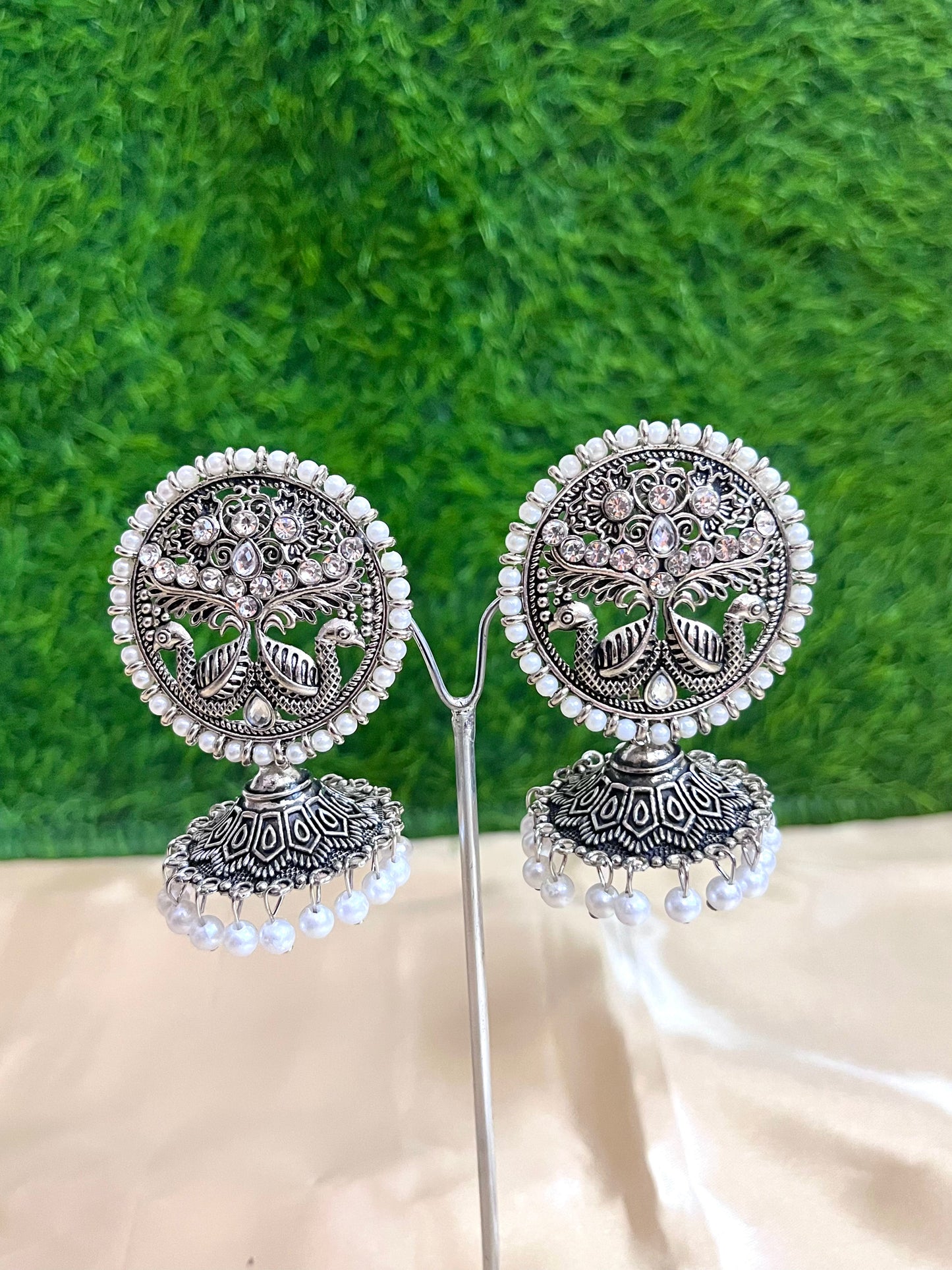 Big Pearl worked Oxidised jhumka