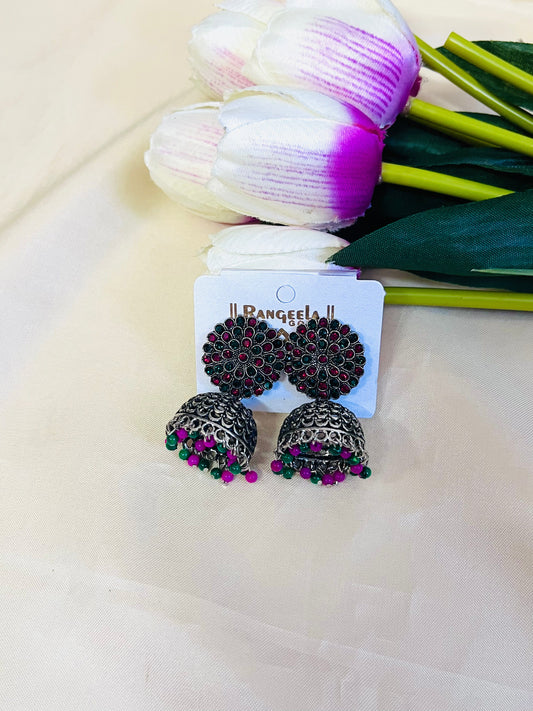 Oxidised flroal Jhumka with multicolor stone work