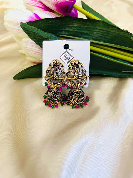 Lakshmi Jhumka with Green and pink beads